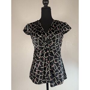 Armani Collezioni blouse women's 4 Black Cream Geometric Cap Sleeve 94% Silk Zip